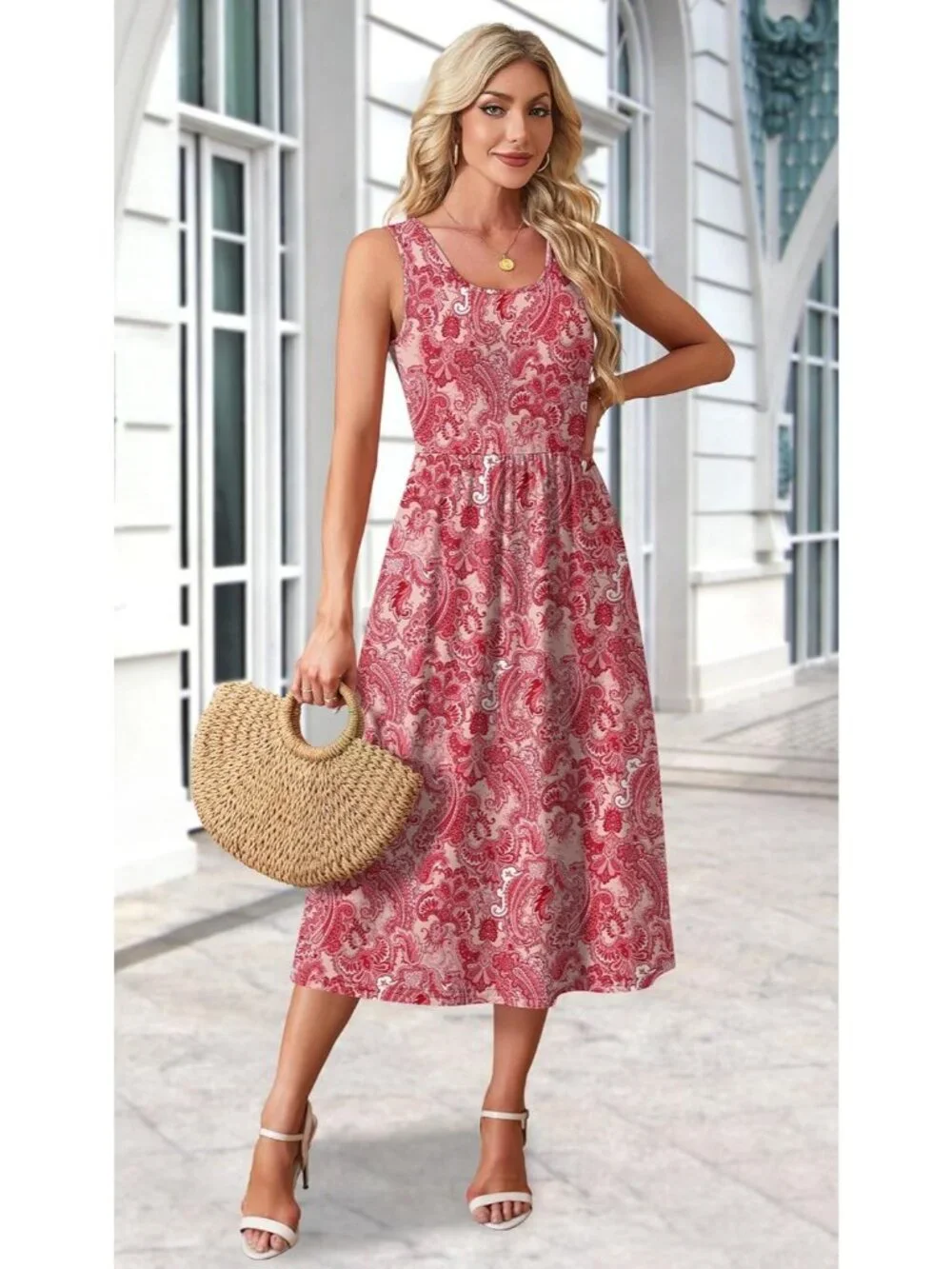 Women's Midi Dresses Red Paisley Print Scoop Neck Sleeveless Summer Casual Soft